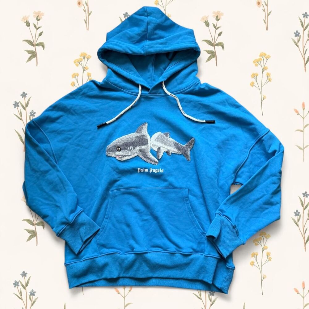 Palm Angels Bright Blue Broken Shark Patch Oversized Hoodie - M